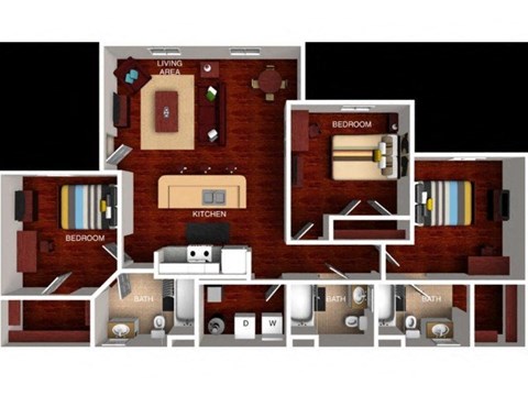 Floor plan for 3 beds, 3 baths, 1182 sqft